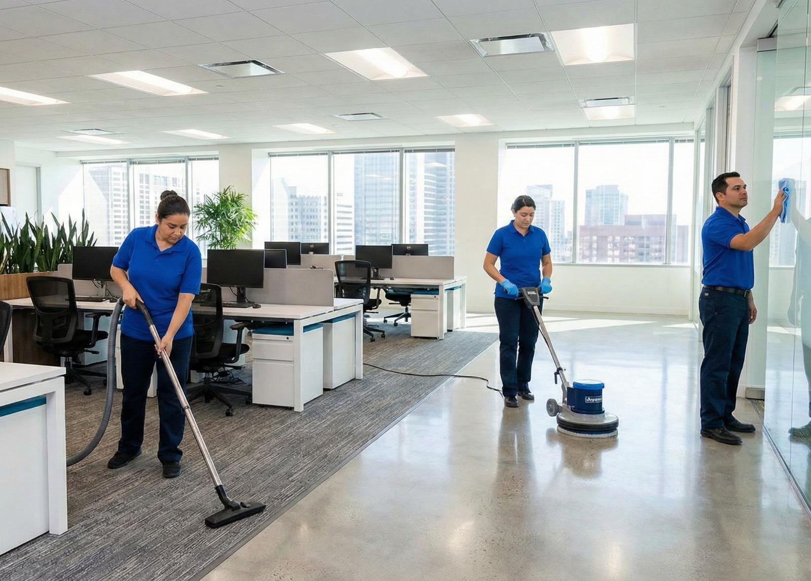 Office building lobby being professionally cleaned